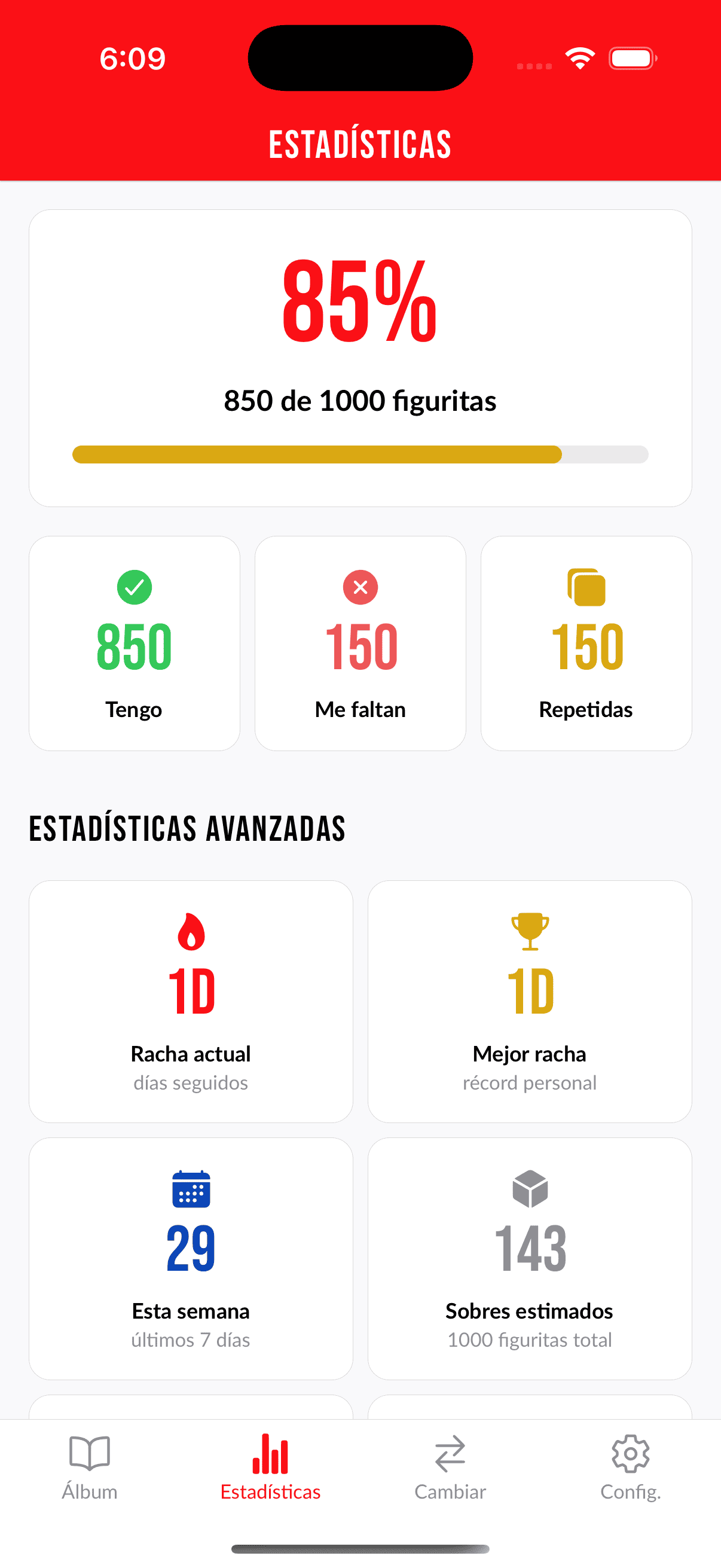 Captura de pantalla de estadísticas de Album Master